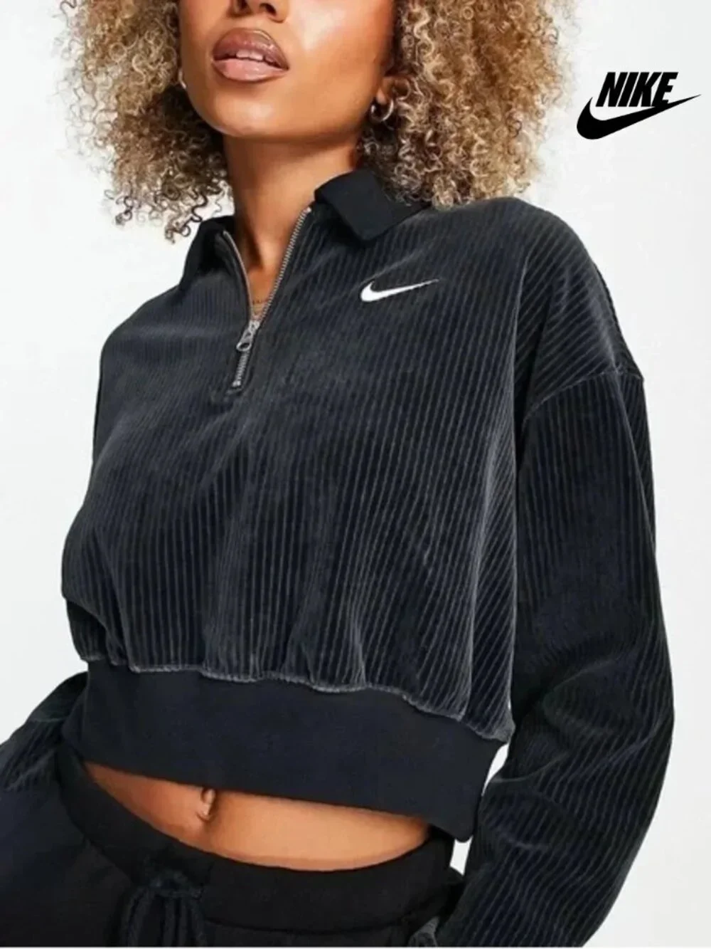 Nike Women's Cropped Corduroy Quarter Zip Hoodie XS Charcoal Gray